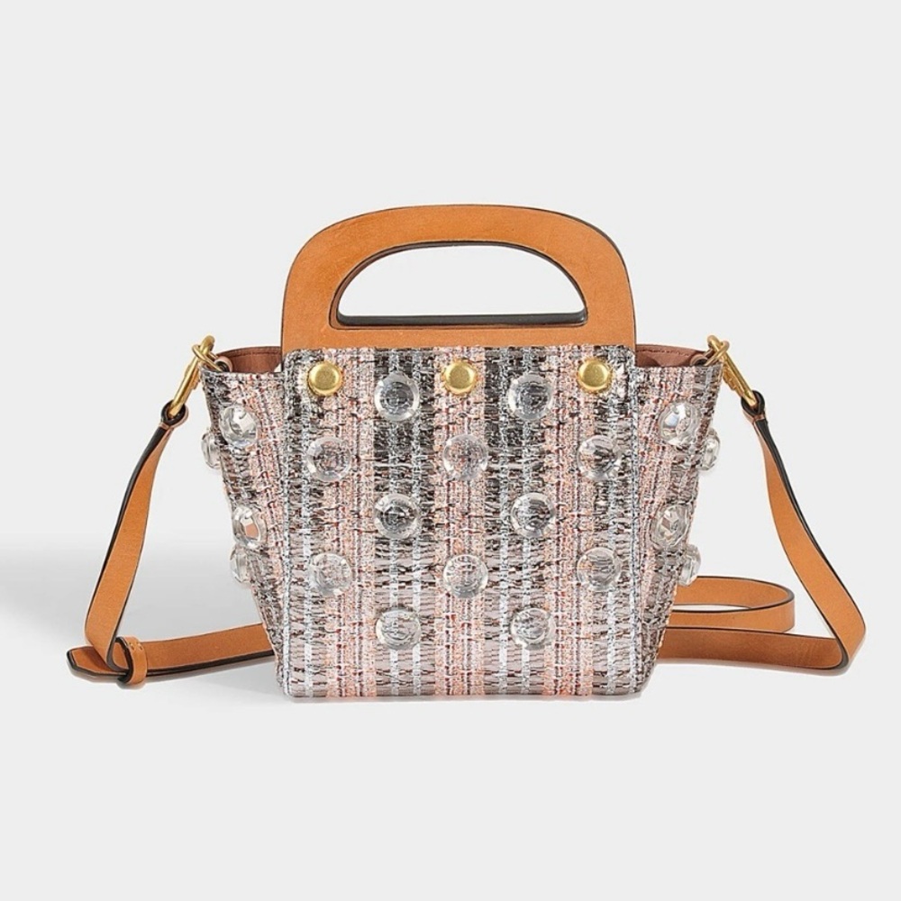 $495 Tory Burch Bermuda Jacquard Clear Studs Metallic Satchel Tote Crossbody Bag